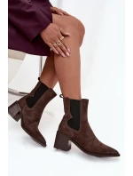 Skórzane Zamszowe Botki Damskie Na Słupku Ocieplane Artiker 57C0047 Brązowe