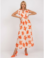 Béžové a oranžové dlhé skladané šaty s potlačou