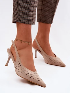 Dámske sieťované sandále na podpätku z umelého semišu Beige Torielle