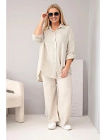 Dámsky mušelínový set s košeľou s gombíkmi a širokými nohavicami v béžovej farbe