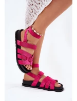 Eko Zamszowe Sandały Damskie Z Rzepami Fuksja Valpera
