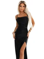 483-7 DIANE saténové dlhé šaty s rozparkom na nohách - ČIERNE