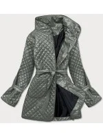 Šedozelená dámska prešívaná bunda s opaskom (7262)