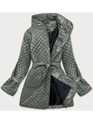 Šedozelená dámska prešívaná bunda s opaskom (7262)