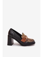 Półbuty Damskie Na Słupku Z Tłoczeniem I Złotym Detalem Czarno-Beżowe Novella