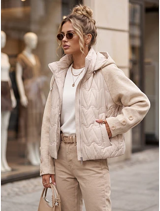 Dámska prešívaná bunda s odnímateľnou kapucňou, béžová, FashionStreet TY5934 Dámska prešívaná bunda s odnímateľnou kapucňou, béžová, FashionStreet TY5934