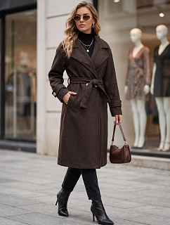 Dlhý dámsky kabát s viazaním v páse, čokoládová farba, FashionStreet NY0808