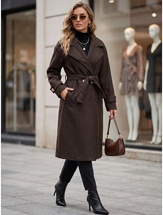 Dlhý dámsky kabát s viazaním v páse, čokoládová farba, FashionStreet NY0808 Dlhý dámsky kabát s viazaním v páse, čokoládová farba, FashionStreet NY0808