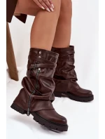 Kozaki Damskie Z Wywiniętą Cholewką Do Połowy Łydki Z Paskiem Czekoladowe Darisa