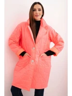 Dámske Plus veľkosť prešívaná bunda s ozdobnými gombíkmi a golierom Neon Pink