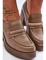 Skórzane Półbuty Na Słupku Z Ozdobą Ciemnobeżowe Lemar Gelanor