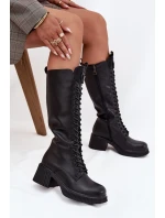 Skórzane Sznurowane Kozaki Na Klocku Ocieplane Vinceza 66804 Czarne