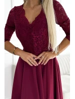 309-9 AMBER elegantné dlhé maxi šaty s čipkovým výstrihom - Bordeaux
