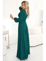 572-4 NELA trblietavé dlhé šaty s výstrihom, dlhými rukávmi a rozparkom na nohách - MASTOVO ZELENÁ