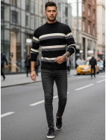 Pánsky pruhovaný sveter s polovičným rolákom čierny FashionStreet WX2127 Pánsky pruhovaný sveter s polovičným rolákom čierny FashionStreet WX2127