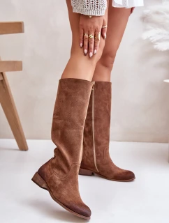 Zamszowe Kozaki Damskie Do Połowy Łydki Na Zamek Lewski 3616 Brązowe