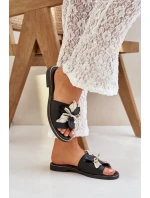 Klapki Z Ozdobą Skóra Naturalna Zazoo 3574/Z Czarne