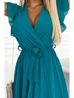 424-1 Šifónové plisované šaty s výstrihom a volánmi - MARINE