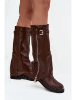 Kozaki Damskie Z Wywiniętą Cholewką Klamrą I Srebrnym Zamkiem Ocieplane Brązowe Bressa