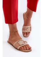 Błyszczące Klapki Damskie Z Ozdobą Beżowe Taleci