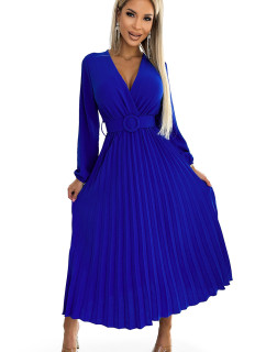 Plisované midi šaty s výstrihom, dlhými rukávmi a širokým opaskom Numoco VIVIANA - chrpová modrá