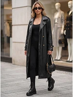Dlhý čierny dámsky dvojradový kabát s opaskom FashionStreet NY0780