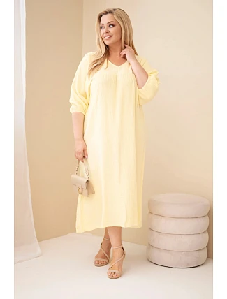 Dámske plus size bavlnené mušelínové šaty s výstrihom do V žlté