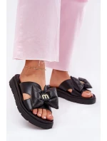 Skórzane Klapki Damskie Na Platformie Z Kokardą CheBello 4647 Czarne