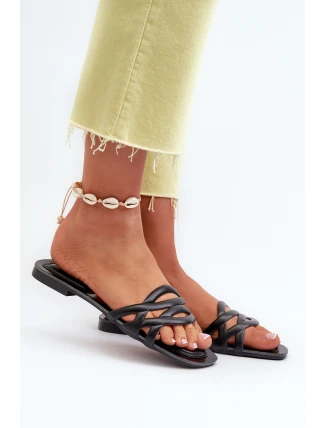 Klapki Damskie Eko Skórzane Na Płaskim Obcasie Czarne Moldela