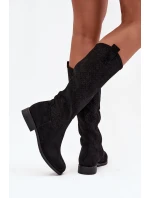 Kozaki Damskie Ażurowe Na Płaskim Obcasie S.Barski HY52-534 Czarne
