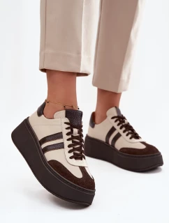 Skórzane Sneakersy Damskie Na Platformie Zazoo 3775 Beżowo-Czekoladowe