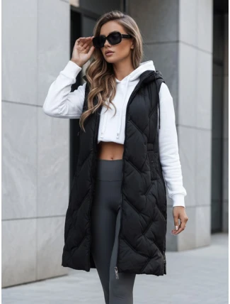 Dámska dlhá prešívaná vesta s kapucňou čierna FashionStreet TY5096 Dámska dlhá prešívaná vesta s kapucňou čierna FashionStreet TY5096