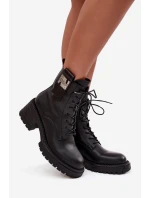 Skórzane Botki Workery Damskie Na Klocku Z Ozdobnym Detalem Artiker 57C0214 Czarne