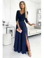 309-6 AMBER elegantné čipkované dlhé šaty s výstrihom - ZELENÉ