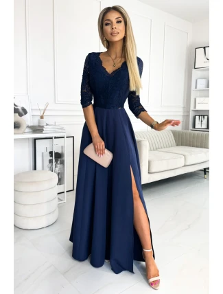 309-6 AMBER elegantné čipkované dlhé šaty s výstrihom - ZELENÉ