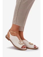 Skórzane Sandały Na Płaskim Obcasie Z Ozdobą Laura Messi 2865 Jasnobeżowe