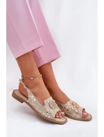 Skórzane Sandały Z Ozdobą Na Płaskim Obcasie S.Barski KV51-096 Złote