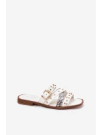 Zdobione Klapki Damskie Na Płaskim Obcasie Z Paskami I Klamrą Białe Manitte