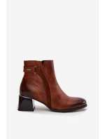 Skórzane Botki Damskie Na Obcasie Ocieplane Zazoo 60563 Brązowe