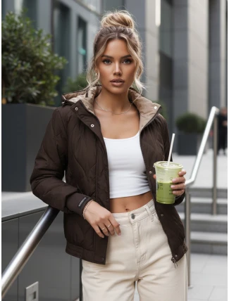 Dámska prechodná prešívaná bunda s kapucňou hnedá FashionStreet TY5616