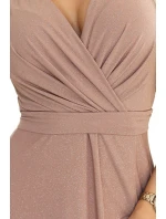 581-4 JENNIFER trblietavé dlhé šaty s rukávmi a výstrihom - MOCHA MOUSSE WITH BROKER