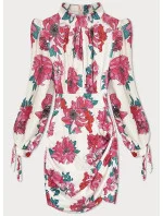 Dámske krátke kvetinové šaty v ružovej farbe so stojacím golierom (A1080)