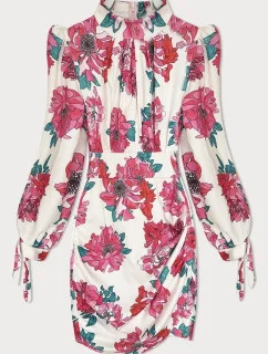 Krátke šaty so stojacím golierom kvetinové ecru-ružové (A1080)