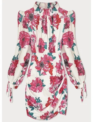 Dámske krátke kvetinové šaty v ružovej farbe so stojacím golierom (A1080)