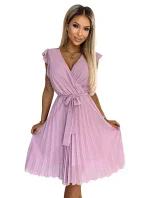 374-3 POLINA Plisované šaty s výstrihom a volánikmi - DARK RED