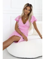 479-10 NINA elegantné šaty s obálkovým výstrihom, rukávmi a opaskom - Candy Pink