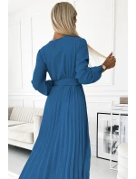 504-5 VIVIANA Plisované midi šaty s výstrihom, dlhými rukávmi a širokým opaskom - JEANS 504-5 VIVIANA Plisované midi šaty s výstrihom, dlhými rukávmi a širokým opaskom - JEANS