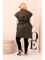 Dámske Plus veľkosť prešívaná vesta s opaskom a golierom Khaki