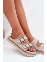 Zamszowe Klapki Damskie Z Klamrami D.Franklin DFSH405001 Beżowe