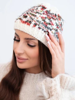 Dámska zimná vlnená čiapka s nórskym vzorom K354 ecru+red
